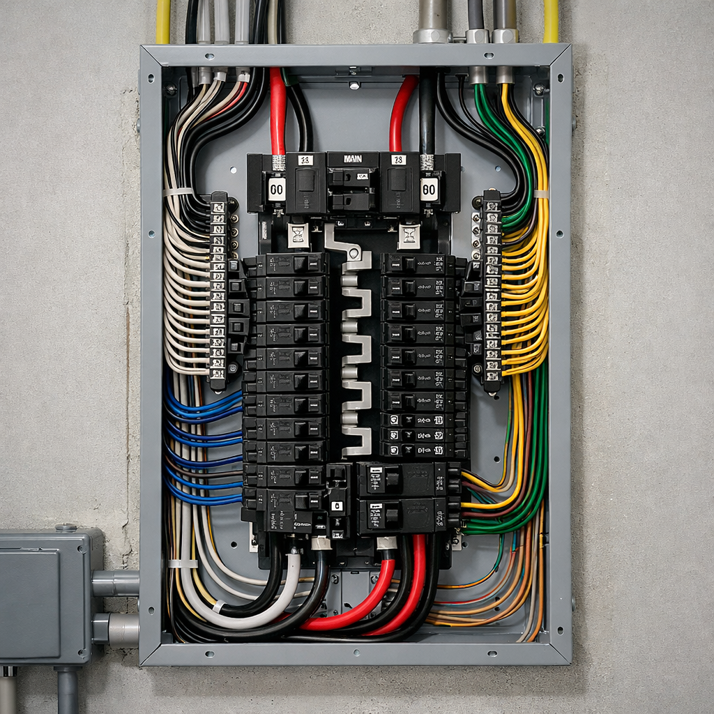 Organized residential electrical breaker panel Electrical breaker panel with black circuit breakers, red and black main wires, and organized color-coded wiring